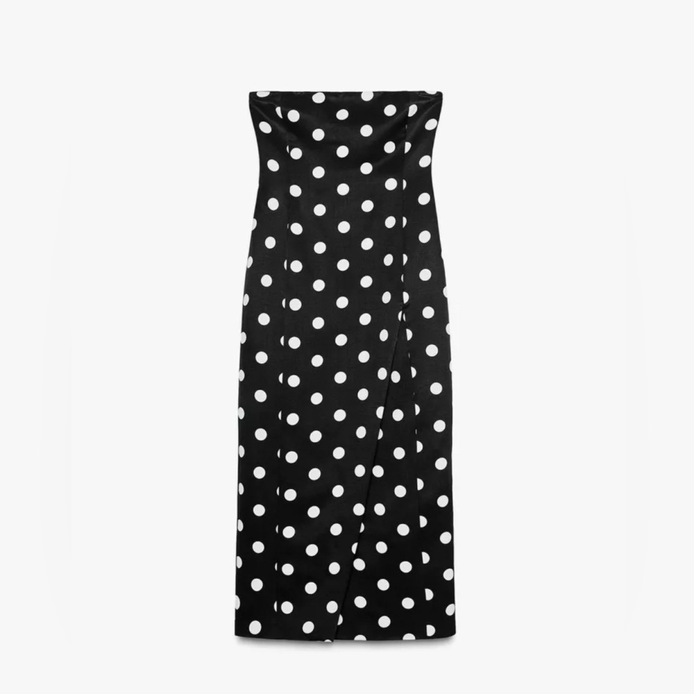 Zara Black and White Polka Dot Strapless Midi Dress